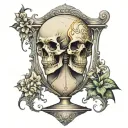 Design:The hourglass is formed by two human skulls, one inverted on top of the other, with the faces merged to create a  tattoo design idea