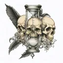 Design:The hourglass is formed by two human skulls, one inverted on top of the other, with the faces merged to create a  tattoo design idea