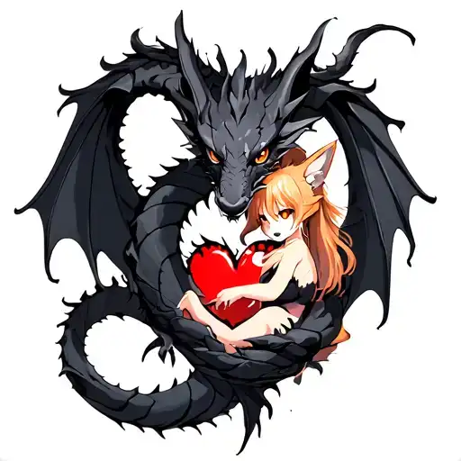 tattoo of a black dragon wrapped around a shattered heart held by an anime fox girl tattoo design idea