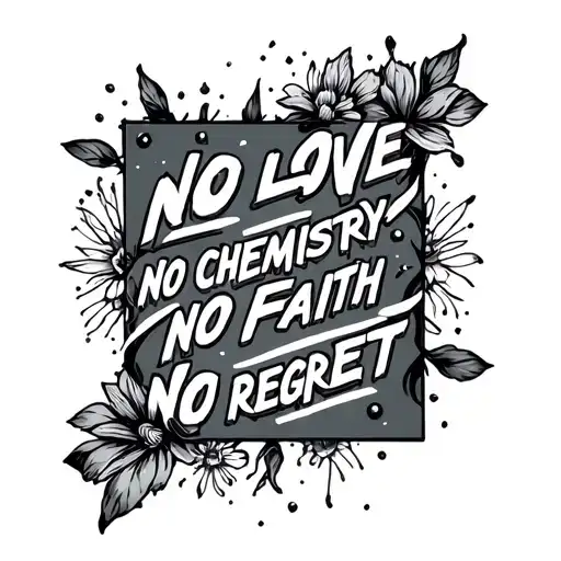 square tattoo with the inscription, no love, no chemistry, no faith, no regret, with thematic elements tattoo design idea