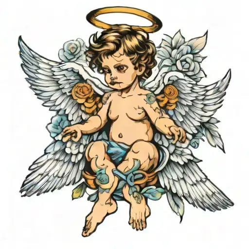 angel baby long fluffy wings spread tattoo design idea