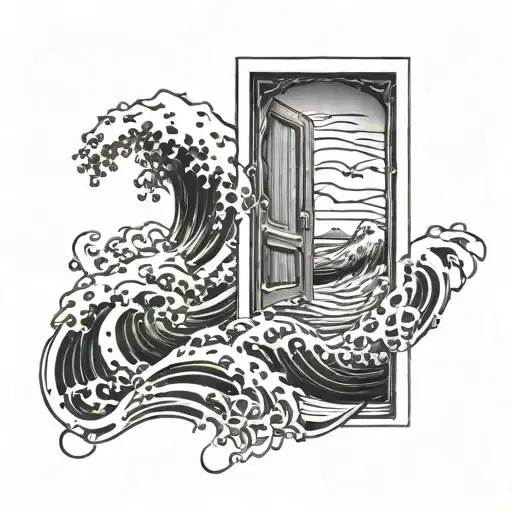 door opening to reveal ocean waves tattoo design idea