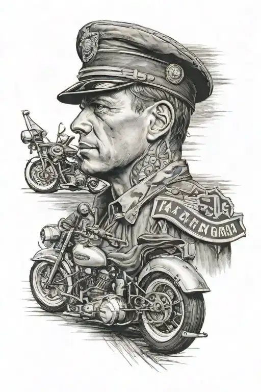 French military portrait and Harley Davidson and road tattoo design idea