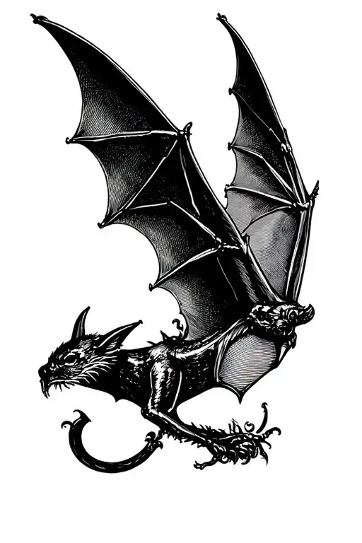 black and white flying bat flying left tattoo design idea