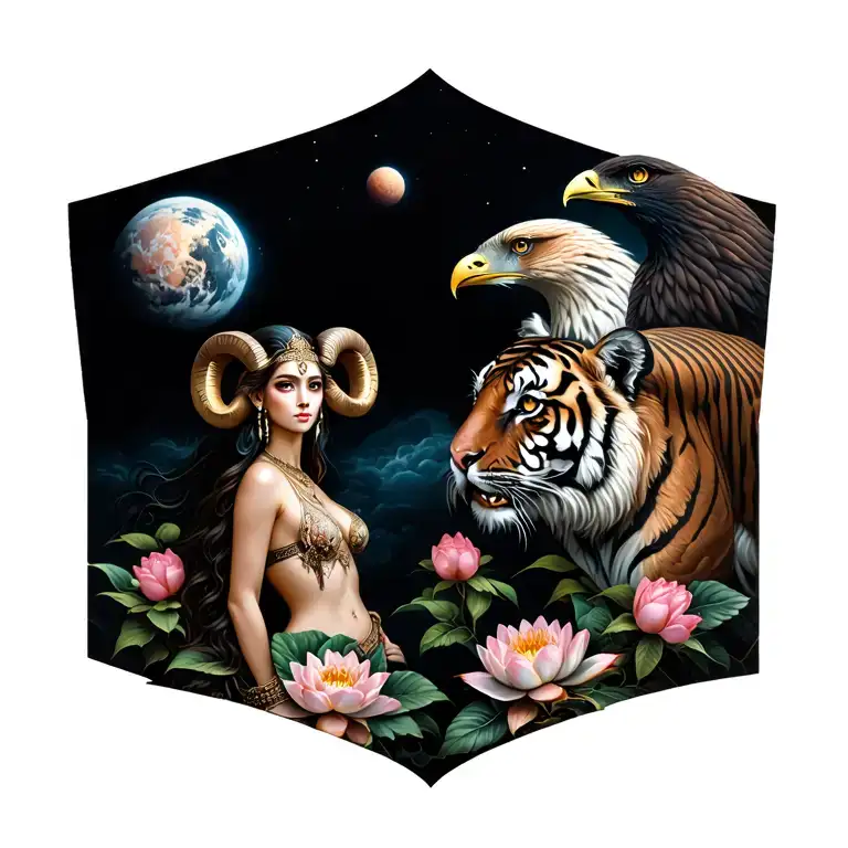 sexy aries goddess surrounded by lotus and peony flowers growing and a tiger and a hawk with mars in the background  tattoo design idea