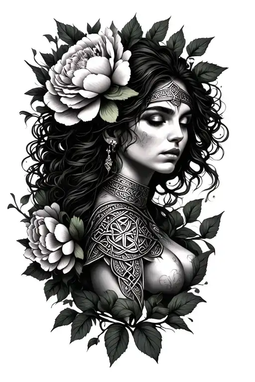 woman, peonies, celtic warrior, strength inspired, eye open tattoo design idea