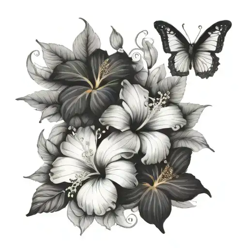 hibiscus and butterfly  tattoo design idea