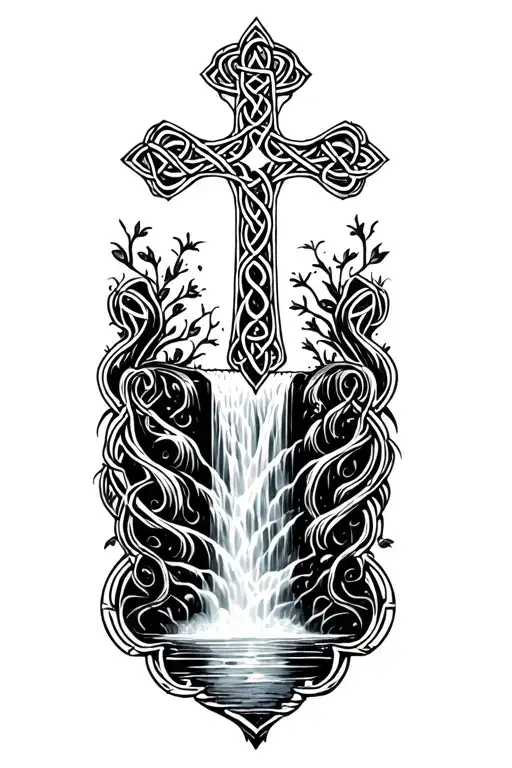 Celtic cross and flowing waterfall tattoo design idea