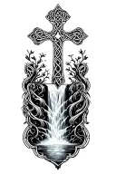 Celtic cross and flowing waterfall tattoo design idea
