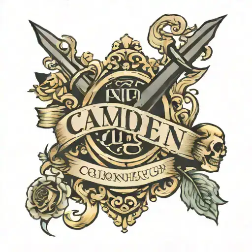 Camden Quinton tattoo on arm in Champagne letters tattoo design idea