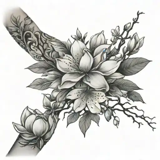 long Magnolia tree branch wrapping around lower forearm sleeve starting at the wrist. not too many flowers  tattoo design idea