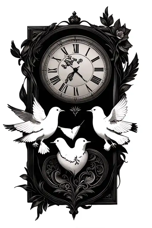 small doves,clock , heart tattoo design idea