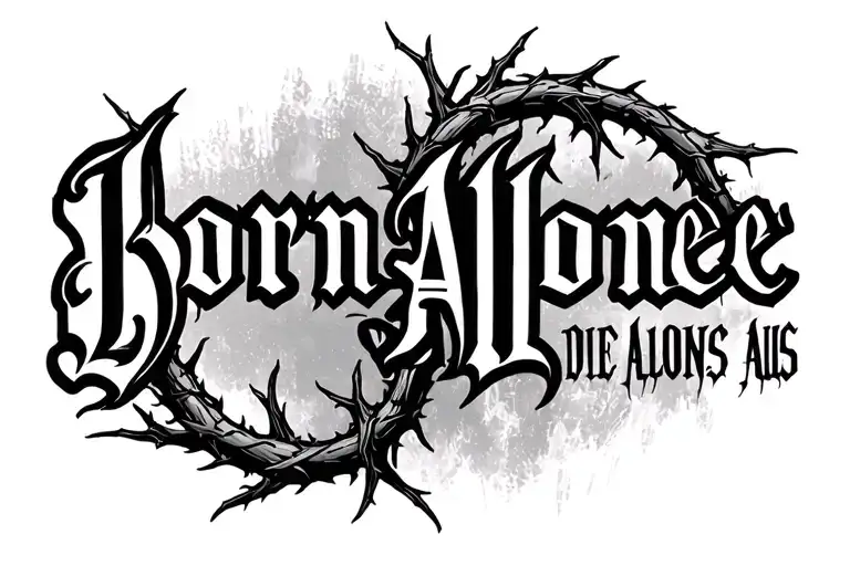 Born Alone Die Alone Gothic Font with Thorns around  tattoo design idea