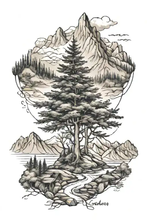 outdoors mountains trees adrenaline molecule tattoo design idea