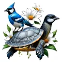 turtle and bluejay with lily and daisy flowers tattoo design idea