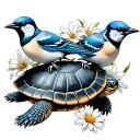 turtle and bluejay with lily and daisy flowers tattoo design idea