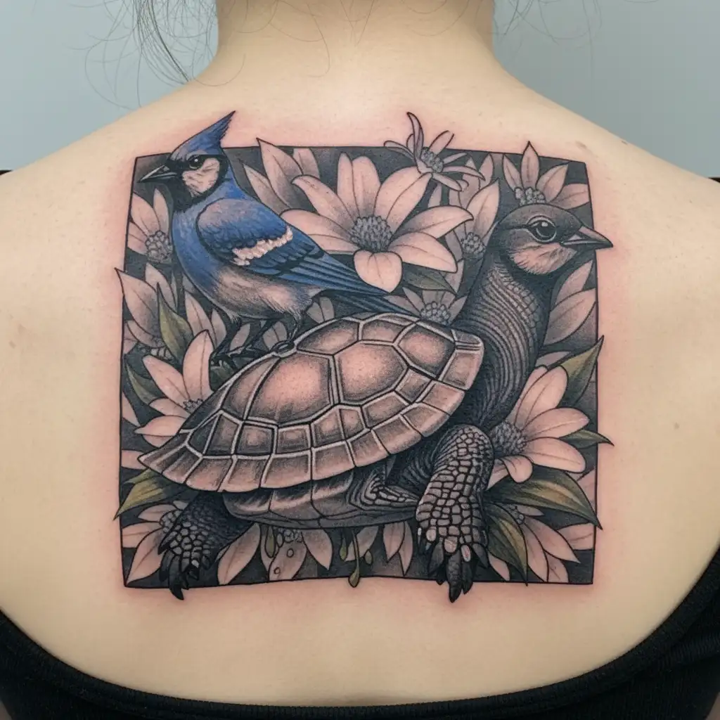 turtle and bluejay with lily and daisy flowers tattoo design idea