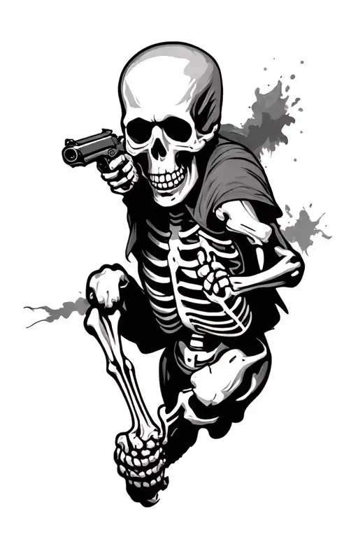 I want a tradtional style black and grey tattoo of a running skeleton shooting a pistol, based on the final scene of the tattoo design idea