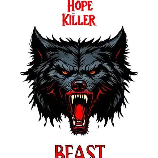 centered black werewolf with the word "Hope Killer" written on top in red and the word "BEAST" written on the bottom tattoo design idea