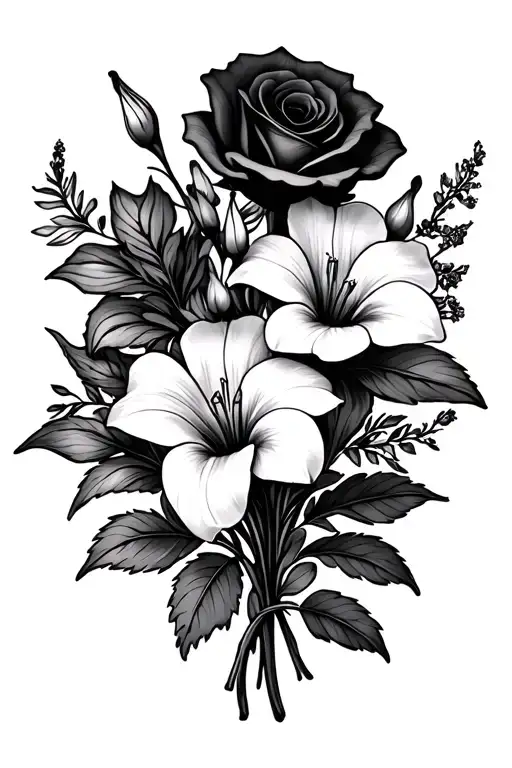 birth month flower bouquet, lilly, rose, larkspur, gladiolus, morning glory tattoo design idea