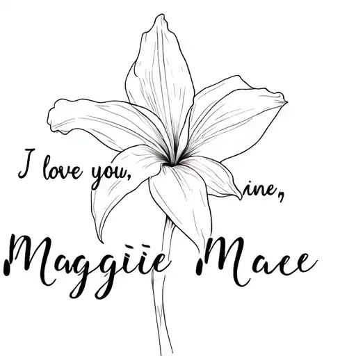 gladiolus flower with the words "I love you, Maggie Mae" connected to it tattoo design idea