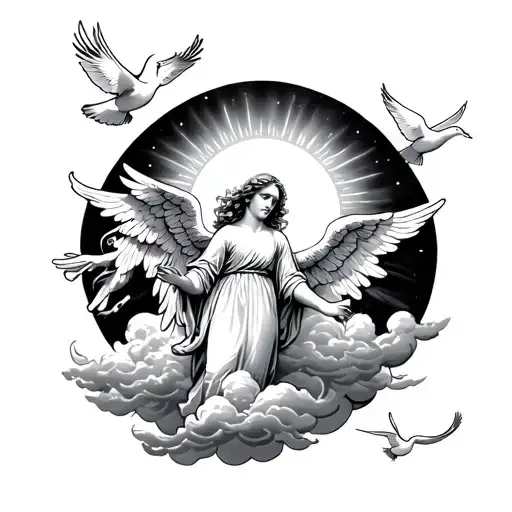 An angel surrounded by clouds and white doves. Above is a sun that shines on everything. Insert the word "Blessed" in be tattoo design idea