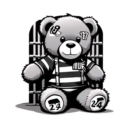 teddy bear with 187 on his ear wearing a black and white striped jail uniform and 24 on his hands inside a jail cell tattoo design idea