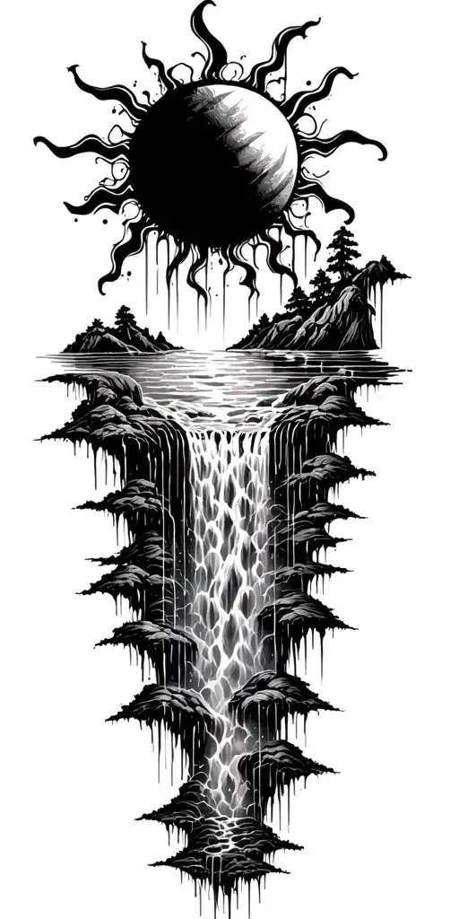a sun melting into a waterfall that turns into rain tattoo design idea