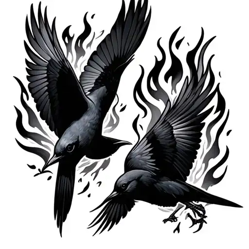 "Kasey" two traditional swallow birds, male and female. the male is surrounded in flames falling to the earth. as she try's to  tattoo design idea
