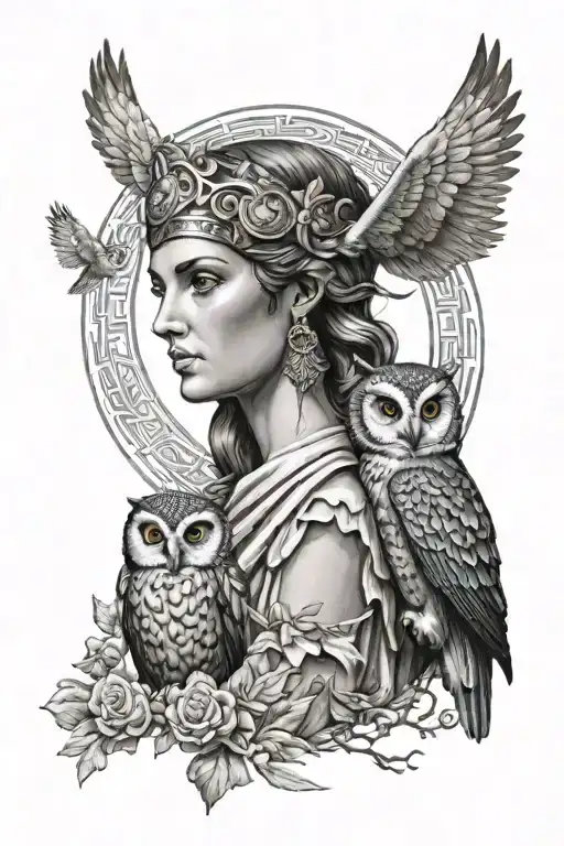 Greek goddess Athena with her owl Glaucus who has glowing eyes tattoo design idea