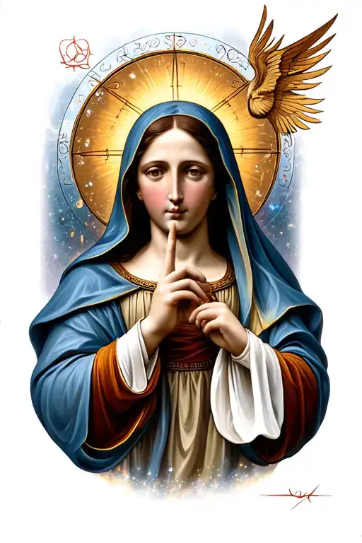 Our Lady of Silence, with her right index finger over her lips as a sign of silence, with a cosmic library in the backgr tattoo design idea