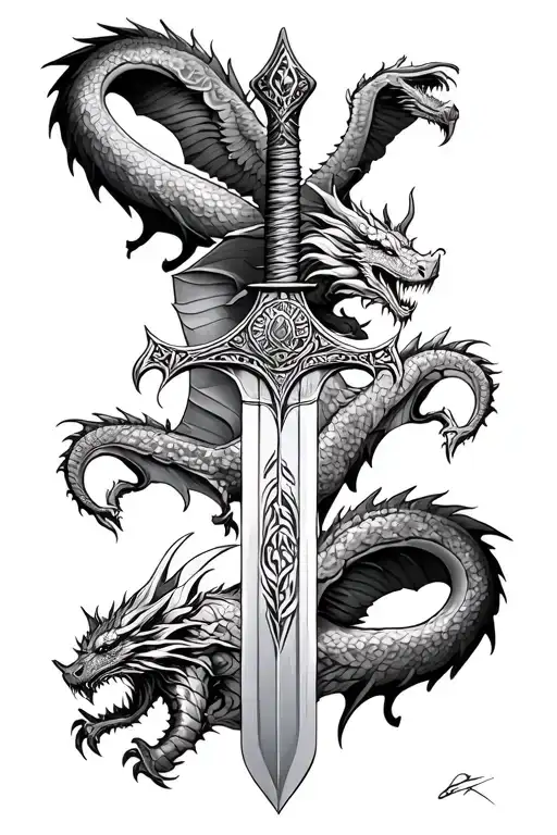 viking sword with 2 dragons flying tattoo design idea