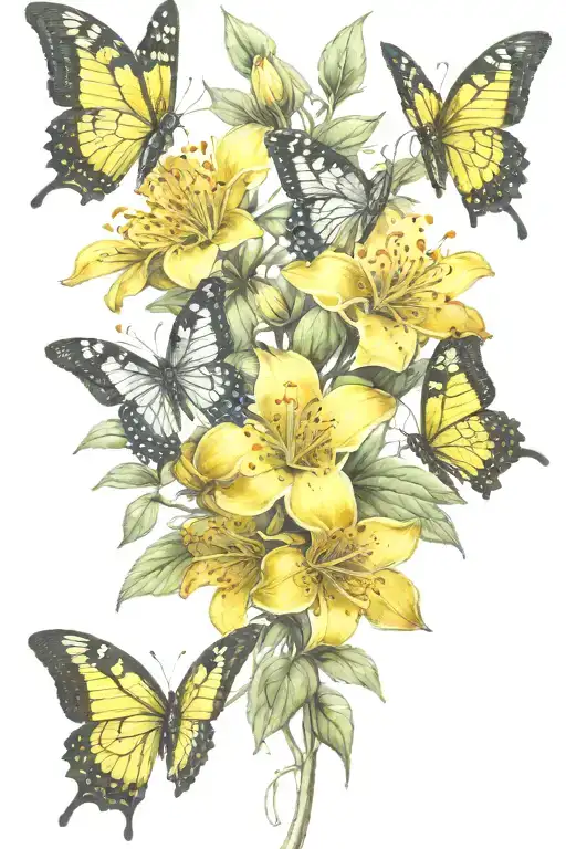 yellow elder flower with butterflies tattoo design idea