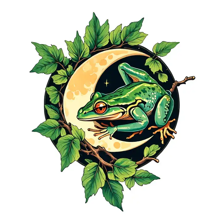 Kambo frog, ayahuasca branch with leaves, waning crescent moon tattoo design idea