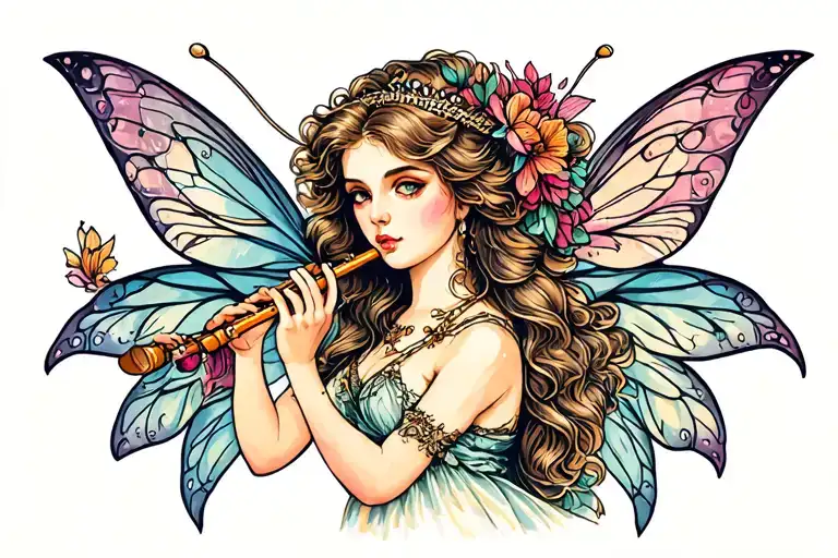 fairy playing the flute tattoo design idea