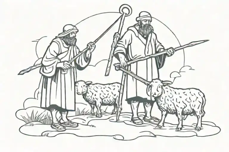 A simple line drawing of a shepherd with a crook, standing next to a sheep. Both figures are depicted in a pastoral, rur tattoo design idea