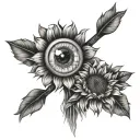 eye of a man with a dutch windmill underneath along with some sunflowers tattoo design idea