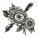 eye of a man with a dutch windmill underneath along with some sunflowers tattoo design idea