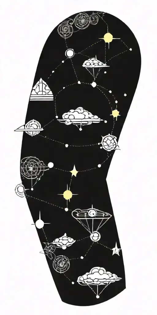 aquarius constellation in sky over camp fire in full color tattoo design idea