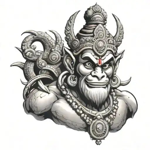 A powerful portrait of Hanuman God in a black-grey style with a modern twist tattoo design idea