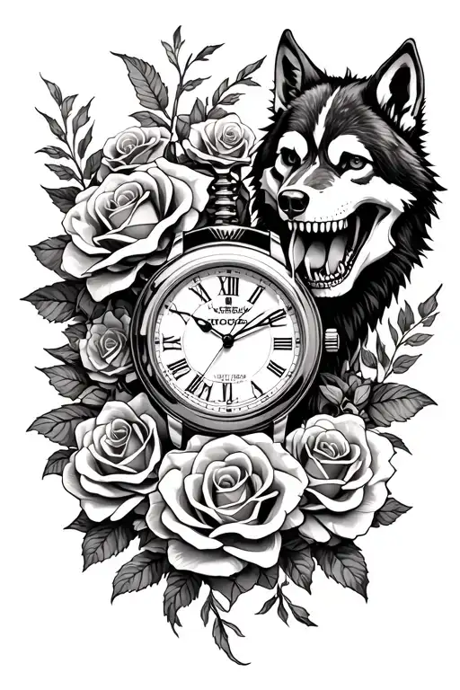 Skeleton watch with roses entwined, a wolf showing teeth, and mechanical themes tattoo design idea