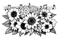 sunflowers, calla lilies, hydrangeas, camping, dogs, music tattoo design idea