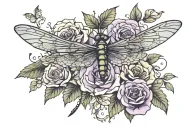 Dragonfly, rose, violet and aster flowers tattoo design idea