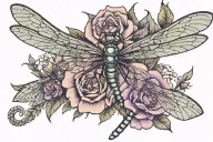 Dragonfly, rose, violet and aster flowers tattoo design idea