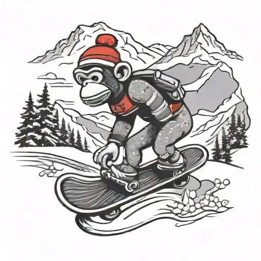 sock monkey riding a snowboard down a snowy mountain tattoo design idea