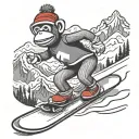sock monkey riding a snowboard down a snowy mountain tattoo design idea
