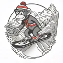 sock monkey riding a snowboard down a snowy mountain tattoo design idea