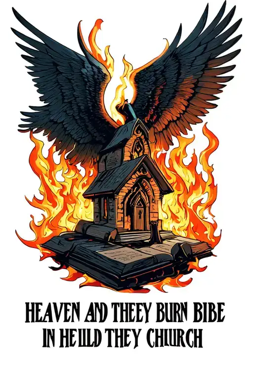 HEAVEN AND HELL, IN HEAVEN THEY BURN BIBLE IN HELL THEY BUILD CHURCH tattoo design idea