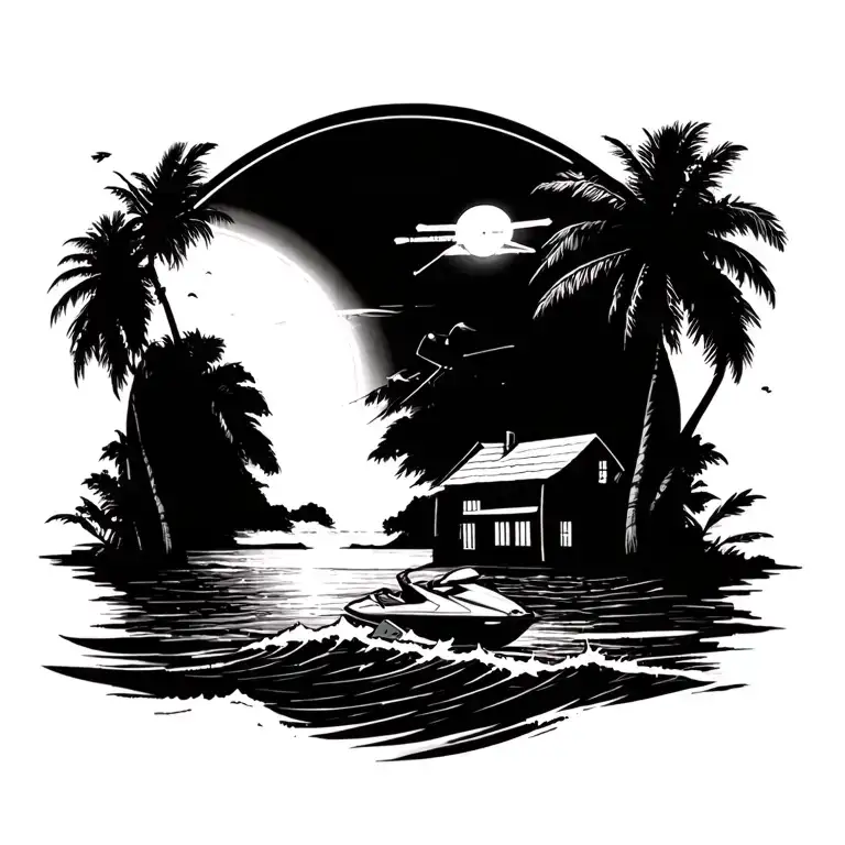  I want a beach , sunlight ,  palm trees. I want jet skis, a plane ,   a beach house , and waves tattoo design idea