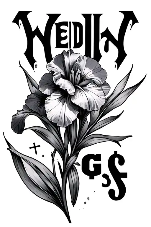 Shadded background with the word Medina in center and a "G$" an iris flower as well as a cross  tattoo design idea
